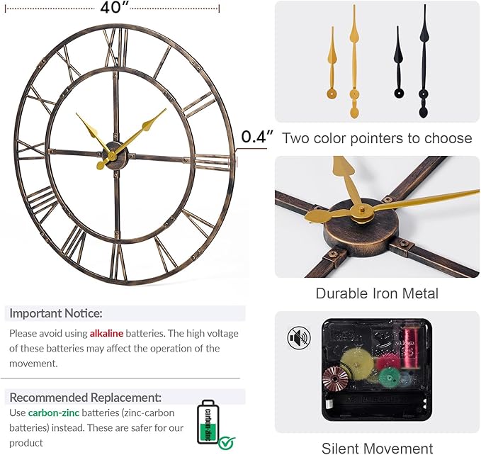 Ohweog Large Wall Clock for Living Room Decor – 40 Inch Silent Non-Ticking - Image 2