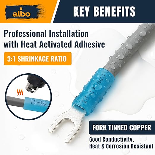 200PCS Blue Heat Shrink Fork Spade Connectors #10 – 16-14 AWG Tinned Copper - Image 5