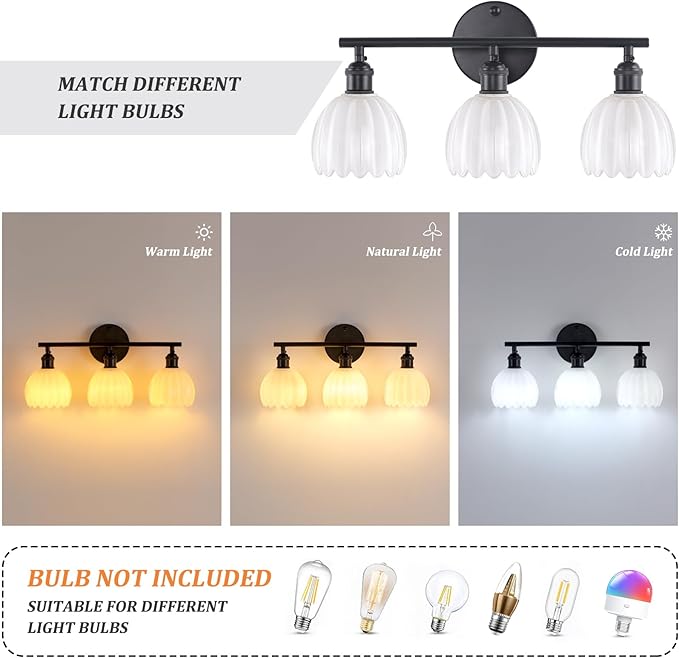 Shenmoyl Bathroom Light Fixtures, 3-Light Black Vanity Wall Light Over Mirror - Image 4
