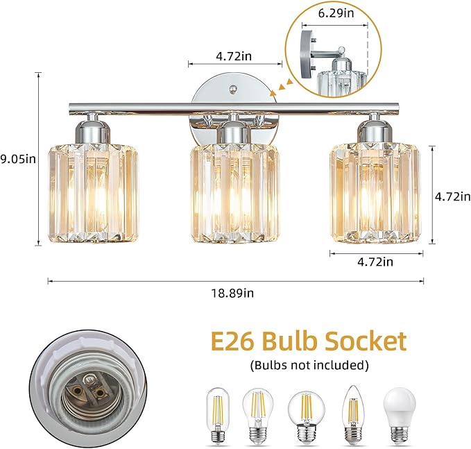 FDPBY Modern 3 Light Crystal Vanity Light, Chrome Vertical Bathroom Light - Image 3