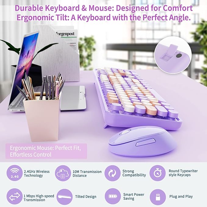 Nowlike Wireless Keyboard and Mouse Combo, Retro Typewriter Keyboard - Image 5