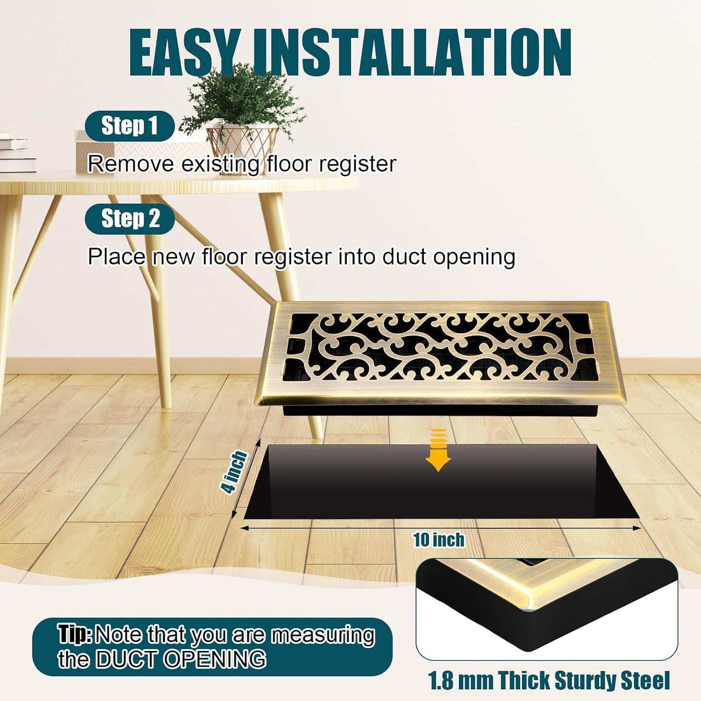10 Pcs Heavy Duty Floor Registers Carbon Steel Walkable Floor Vent Covers Easy Adjust Air Flow Decoration for Home Heater Air Grilles Vents Supply (Brass,4 x 10 Inch)