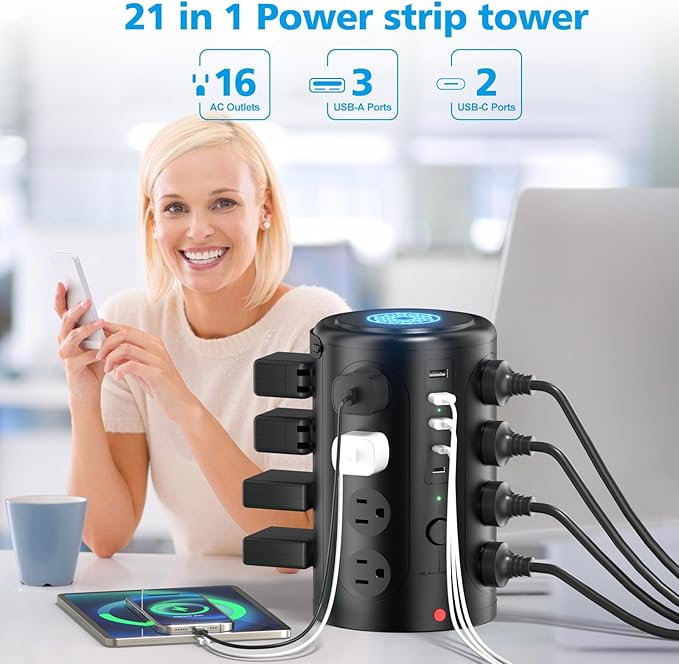 Tower Power Strip with 15W Wireless Charger, 15FT Extension Cord with Multiple - Image 4