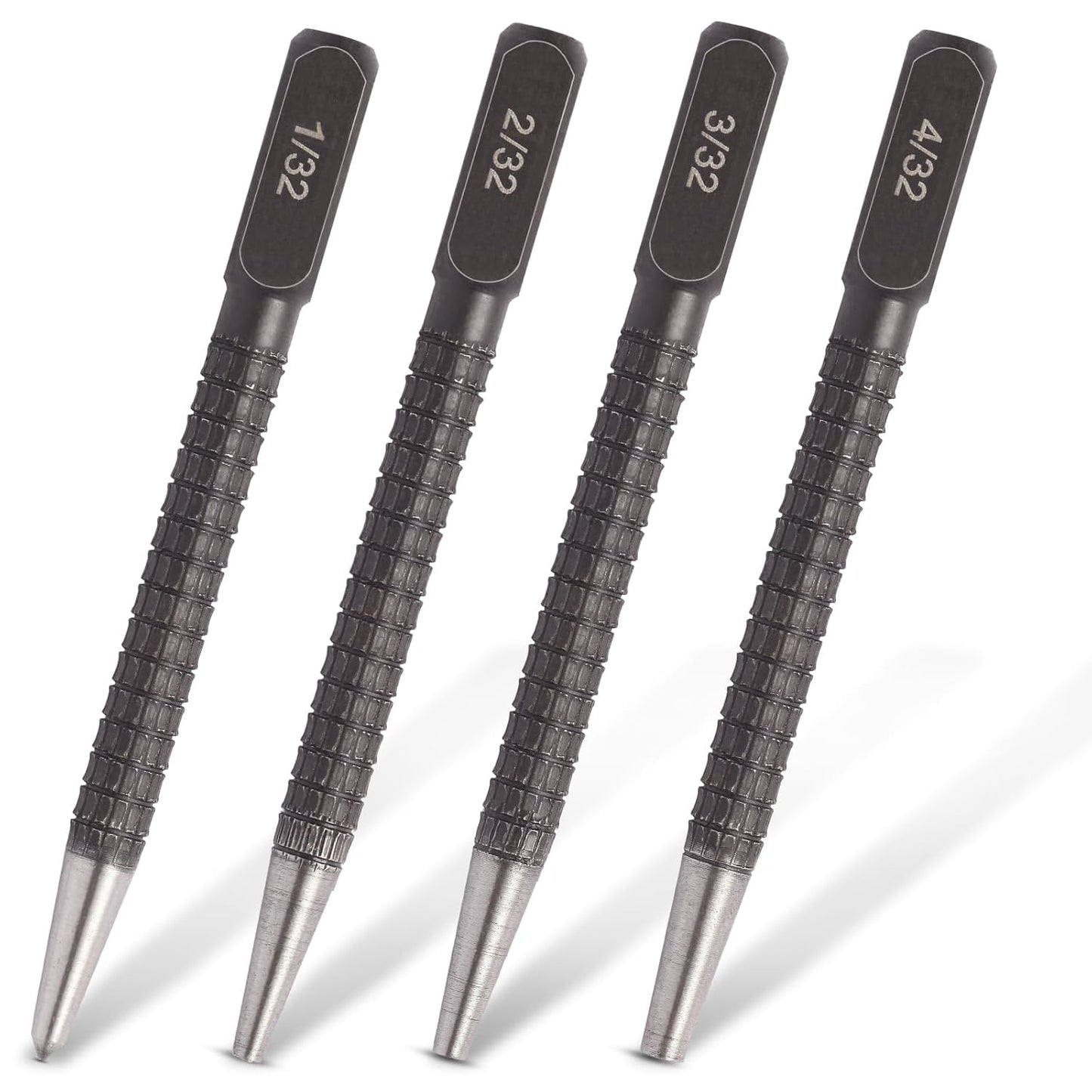 4-Piece Center Punch Set with Sizes 1/32"-4/32" | Hardened steel precision punches & nail set. sizes: 1/32", 2/32", 3/32", 4/32". for metalworking, woodworking, drilling.