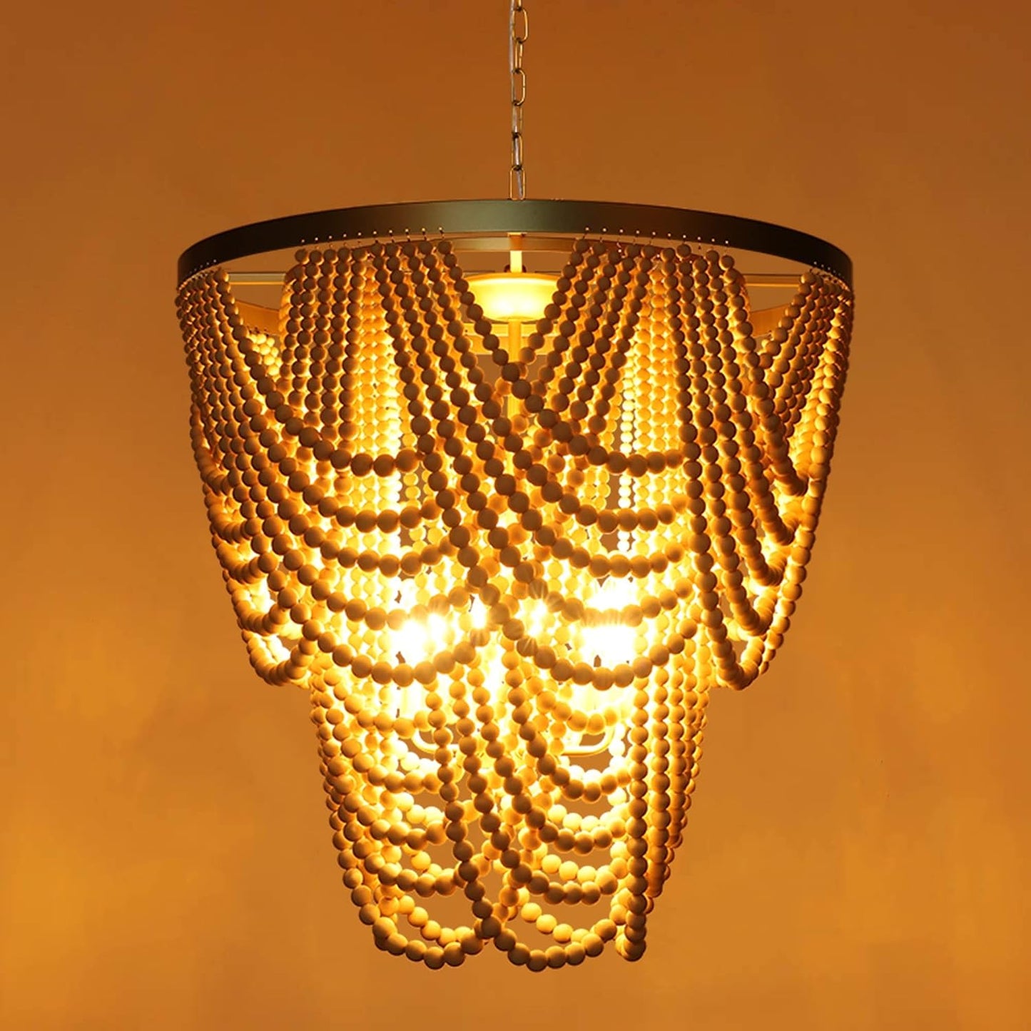 6-Light Bohemia Wood Beaded Chandelier for Dining Room, Coastal Pendant Light for Bedroom, Modern Farmhouse Light Fixtures for Entryway, Gold and Oak Finish