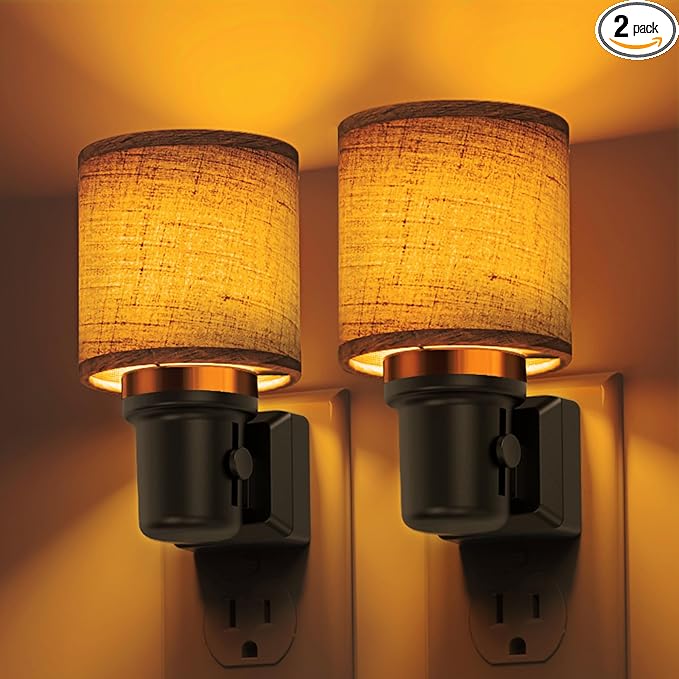 L LOHAS LED Night Lights Plug into Wall, 2 Pack Linen Fabric Cylinder Decor by LLOHASLED
