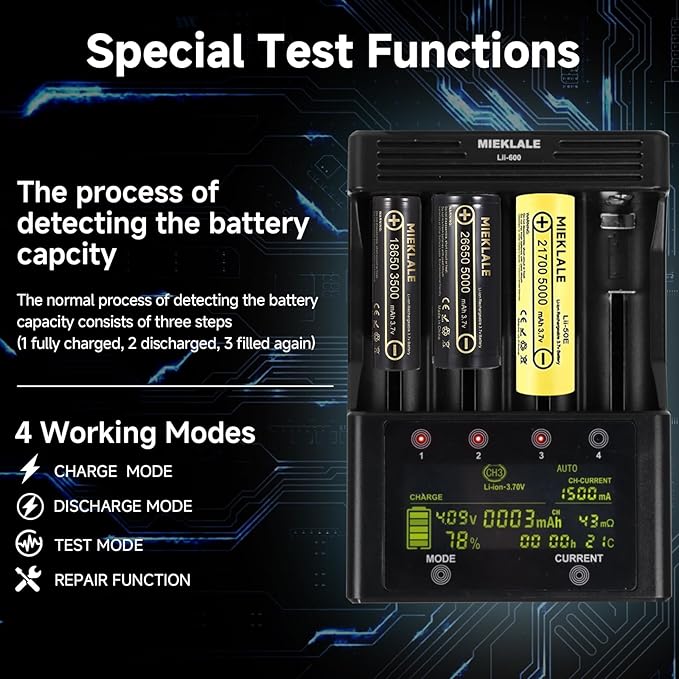 18650 Battery Charger, MIEKLALE 4-Bay 3A Fast Rechargeable Battery Charger - Image 4