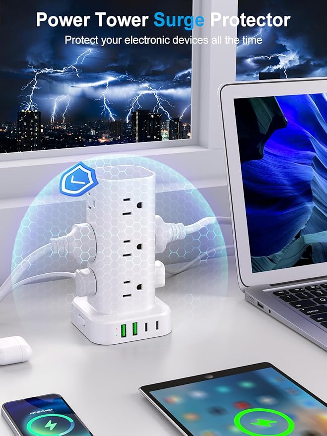 Power Strip Tower with Wireless Charger, Flat Plug Surge Protector Tower with - Image 6