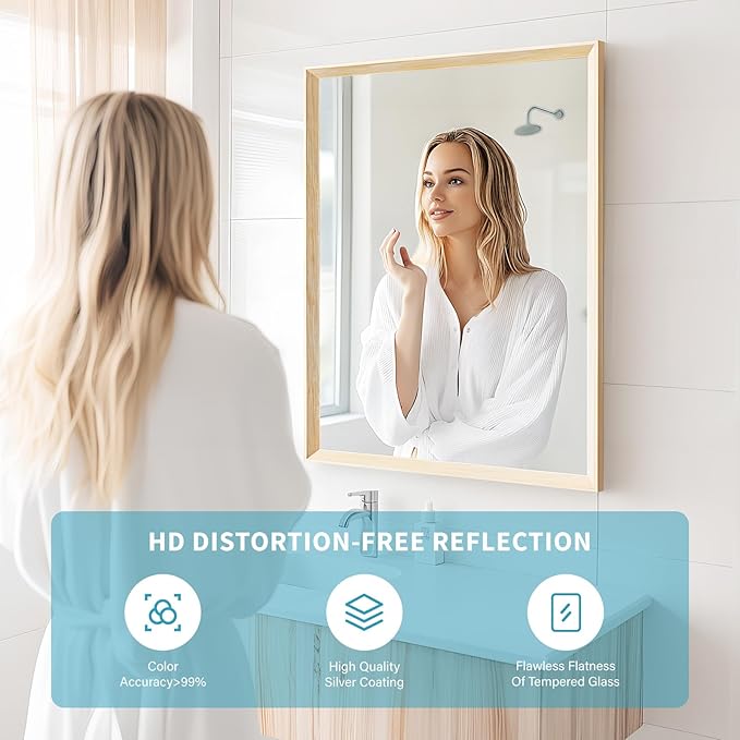 Oak Wood Effect Framed Wall Mirror, 24x32 Rectangle Mirror, 1/8" - Image 3