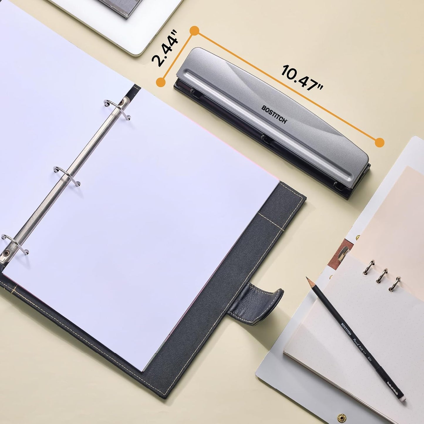 Bostitch Office Premium 3 Hole Punch, 15 Sheet Capacity, Metal, Rubber Base, Easy-Clean Tray, Silver, 2-Pack