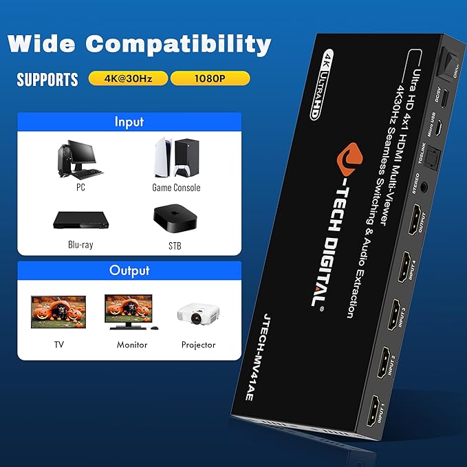 J-Tech Digital 4K HDMI Multiviewer Switch 4 in 1 Out, 4x1 4K 30Hz HDMI Quad - Image 5