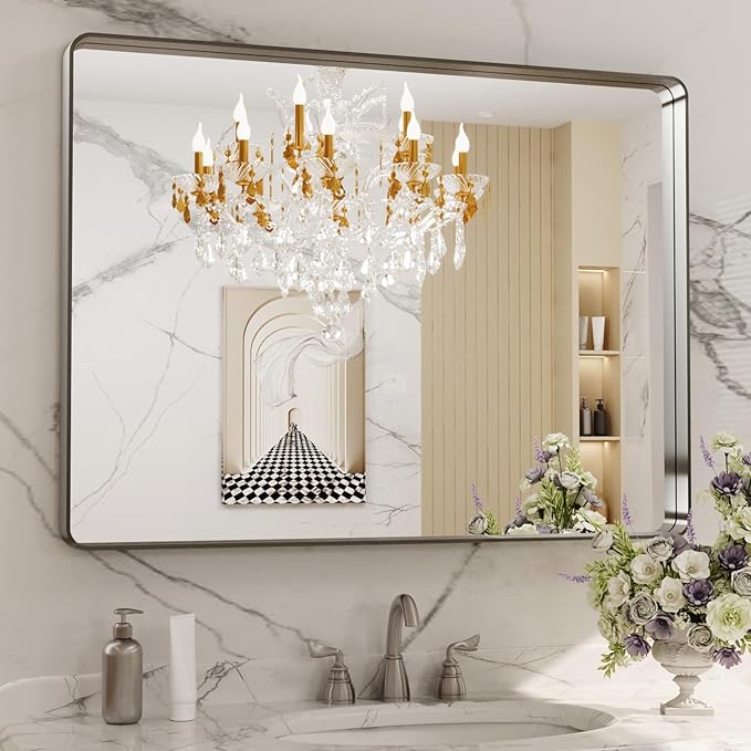 LOAAO 40X32 Inch Brushed Nickel Bathroom Mirror, Rounded Rectangle Silver Metal by LOAAO