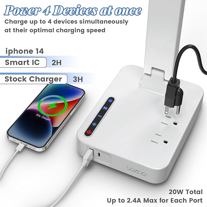 cozoo LED Desk Lamp with USB Charging Ports and Type C Port, 2 AC Outlets - Image 2