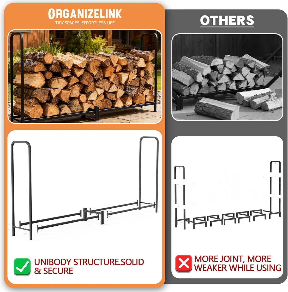 8ft firewood rack outdoor with cover, heavy duty, side view
