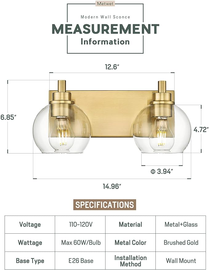 METWET Bathroom Light Fixtures, 2 Light Brushed Gold Vanity Light, Modern Wall - Image 2