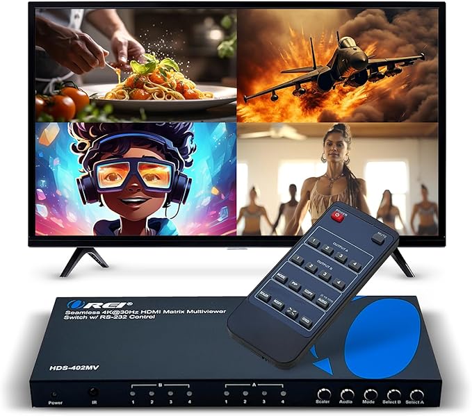 OREI Quad Multi HDMI Viewer 4 in 2 Out, HDMI Matrix Switcher 4 Ports Seamless by OREI