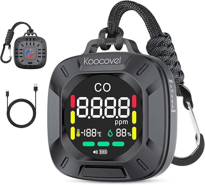 Portable Carbon Monoxide Detector Travel, Rechargeable 3-in-1 CO, Temperature & by Koocovel