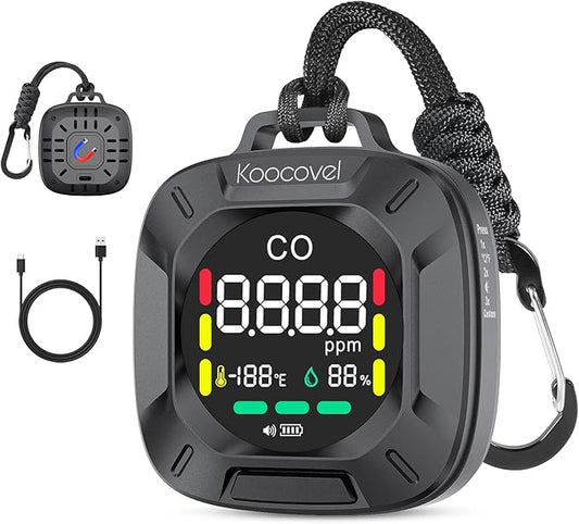 Portable Carbon Monoxide Detector Travel, Rechargeable 3-in-1 CO, Temperature & by Koocovel