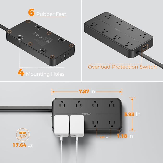 2000J Surge Protector Power Strip, TESSAN 5 FT Extension Cord - Image 7