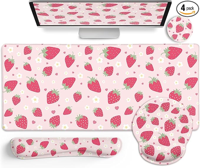 LIMKRIAN Strawberry Mouse Pad Desk Mat Set, Large Gaming Mousepad Wrist Support by LIMKRIAN
