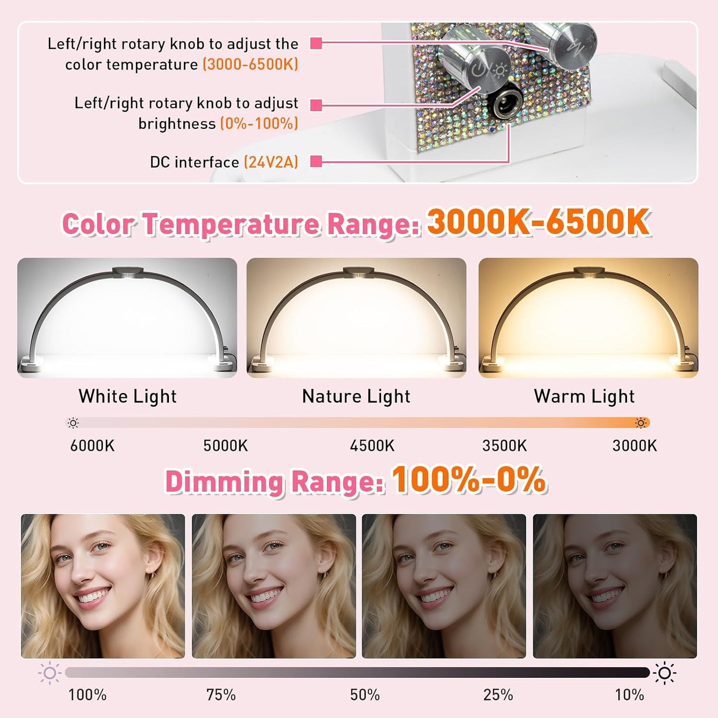 HITTI 31in Half Moon Light for Nail Desk, Foldable, Crystal Diamond | Phone Stand, LED Brightness and Color, 48W, Arch Nail Tech Table Lamp for Manicure, Craft, Art, Eyelash Extension