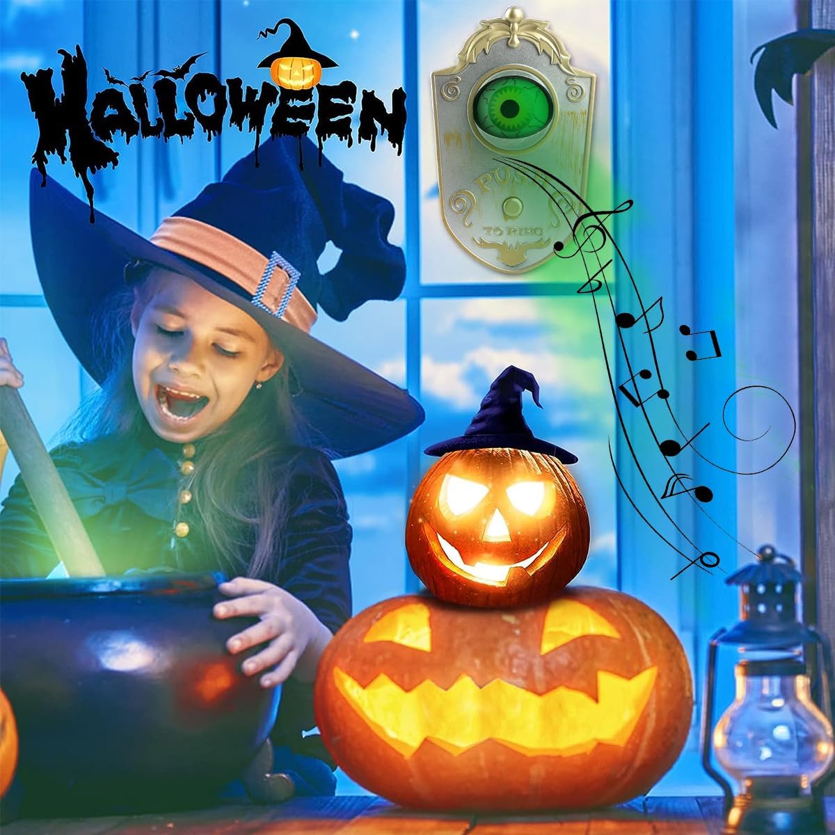 Halloween Doorbell Decorations, Animated Eyeball Doorbell with Scary Sounds Spooky Witch Accessory with Illuminated Eyeglobe for Party Haunted House Party