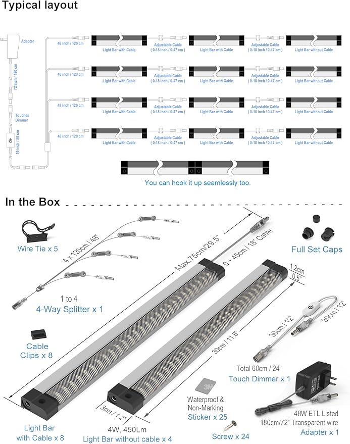 EBD LED Under Shelf Lights, 4-Way Parallel Light Bar, 12-Panel Cabinet Lighting - Image 6