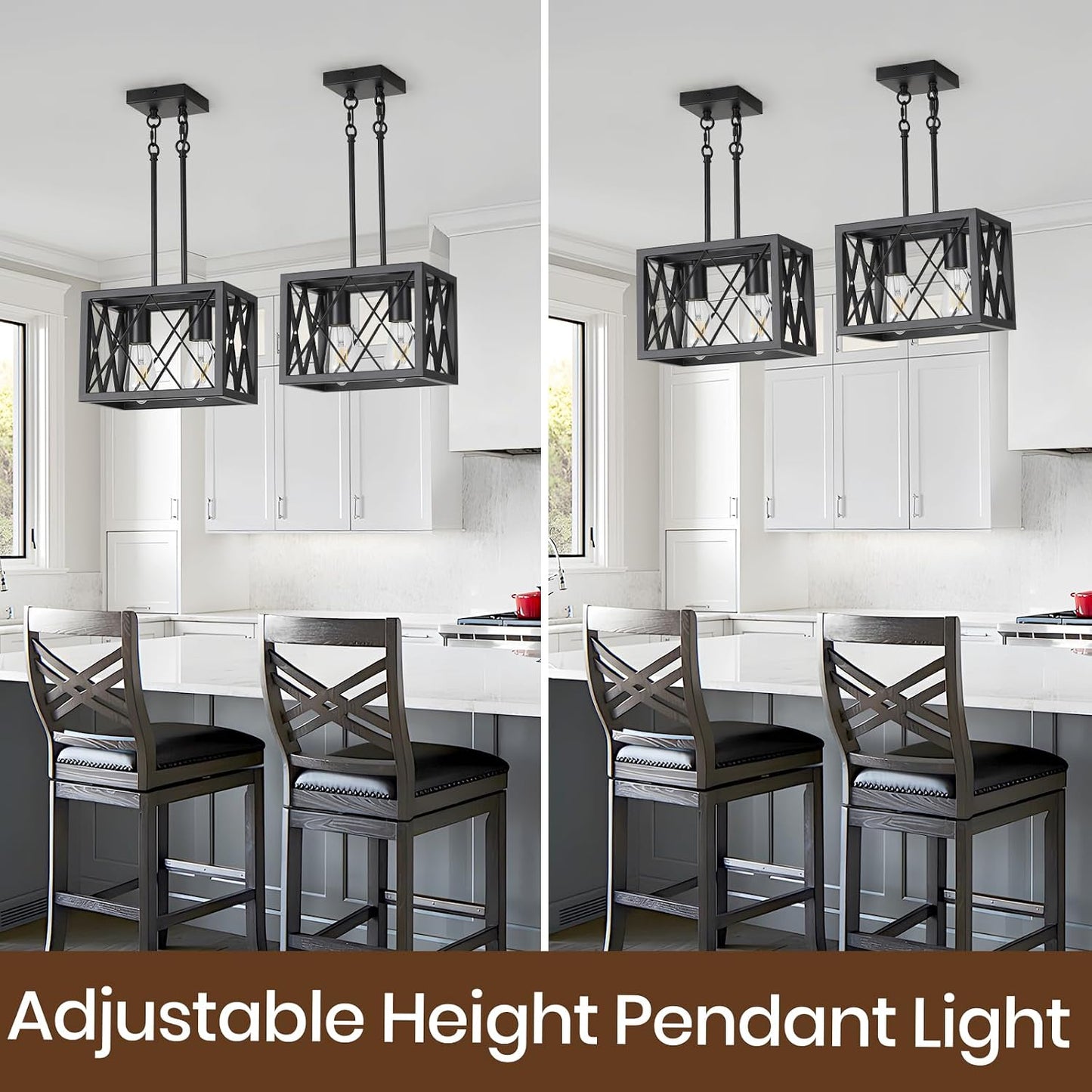 KEESFU Black Farmhouse Pendant Light, 2 Lights Small Kitchen Lighting Fixtures, Adjustable Height, Industrial Dining Room Light for Living Room Foyer Dining Table Over Sink.