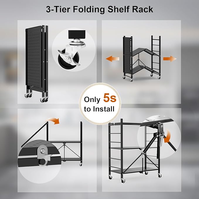 Himix Storage Shelves with 6 Hooks, 3 Tier Foldable Shelf with Wheels, Metal - Image 5
