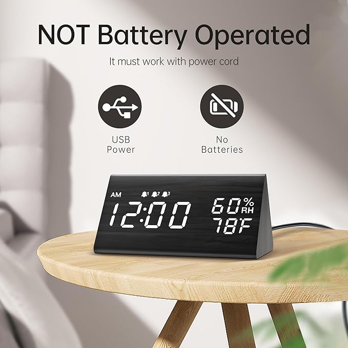 Digital Alarm Clock, with Wooden Electronic LED Time Display, 3 Alarm Settings - Image 6