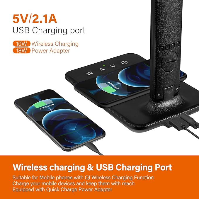 poukaran LED Desk Lamp with Wireless Charger, USB Charging Port, Table Lamp - Image 3