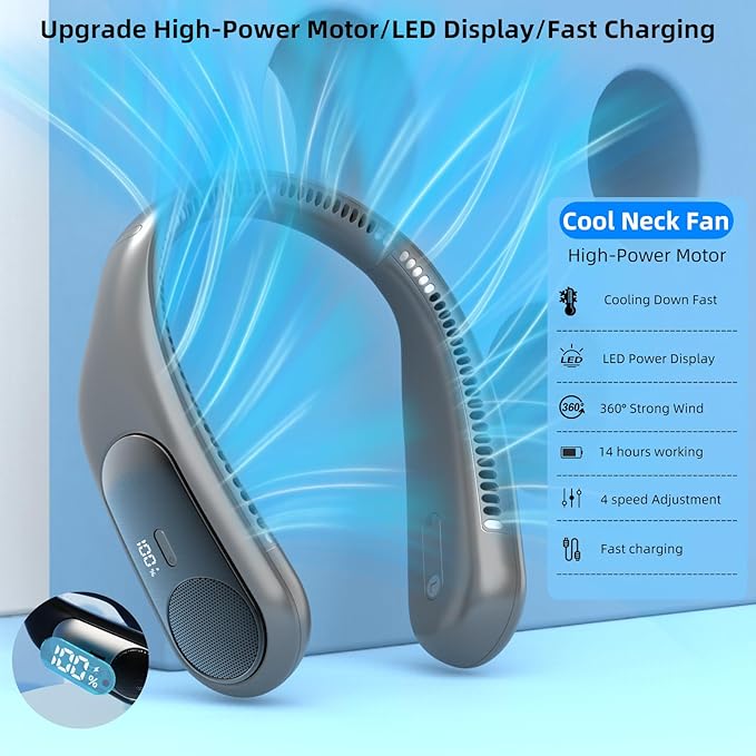 Portable Neck Fan, Personal Wearable Bladeless Fan, LED Display, 6000mAh USB - Image 3