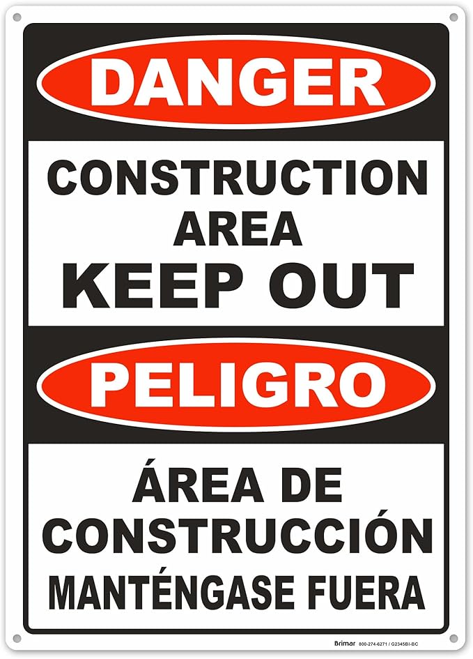 Brimar - 10" x 14" - Bilingual Danger Construction Area Keep Out Sign - .055″ by BrimarIndustries