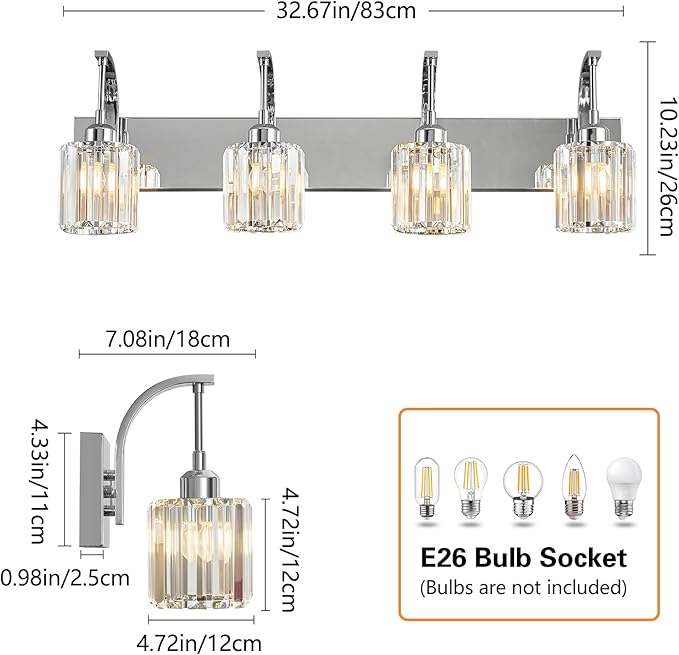 FDPBY 4-Light Crystal Vanity Light, Modern Chrome Bathroom Wall Sconce - Image 4