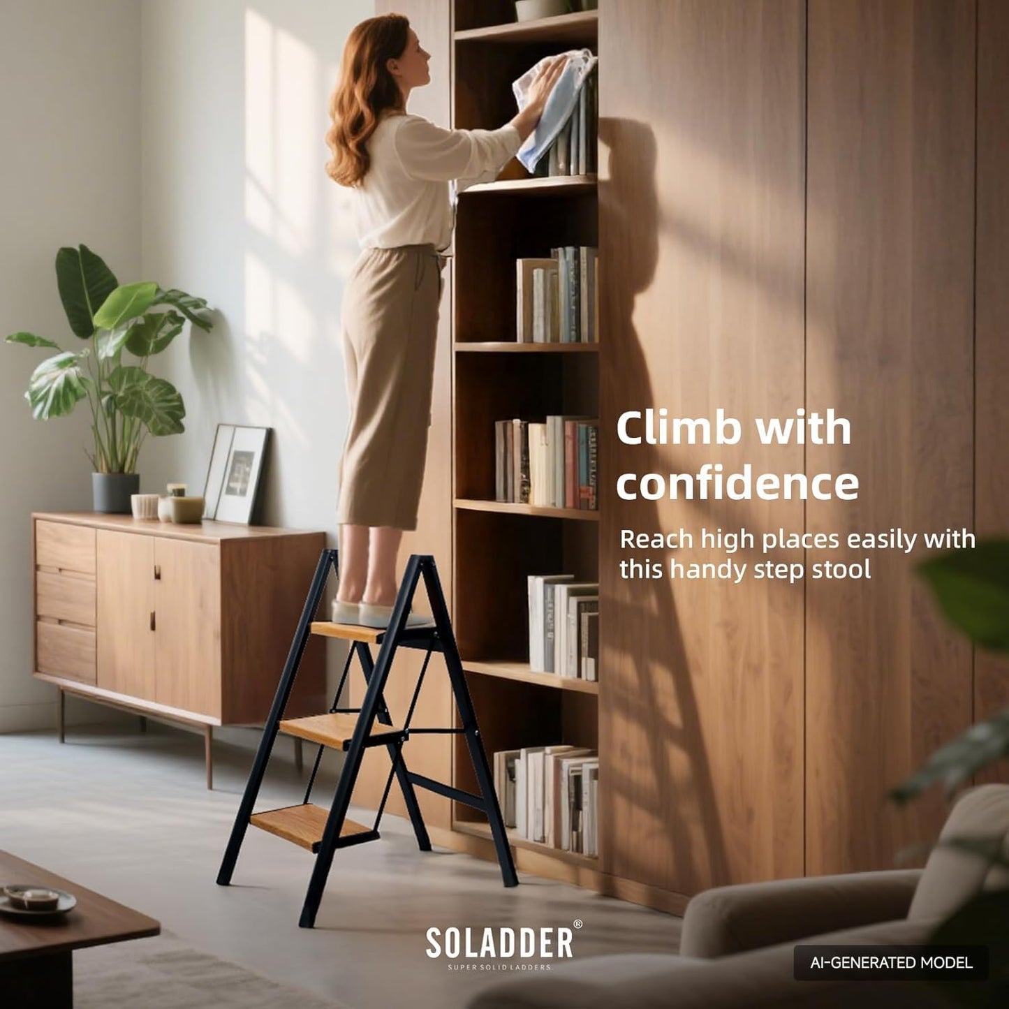 3 Step Ladder, Folding Step Stool, Black & Woodgrain | Wide Anti-Slip Steps and a Foldable, Space-Saving Design for Adults to Use in Kitchens, Closets, Library,300 lbs