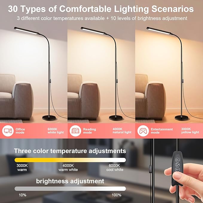 Modern LED Floor Lamp for Reading in Black, Bright 12W Dimmable Standing Light - Image 4