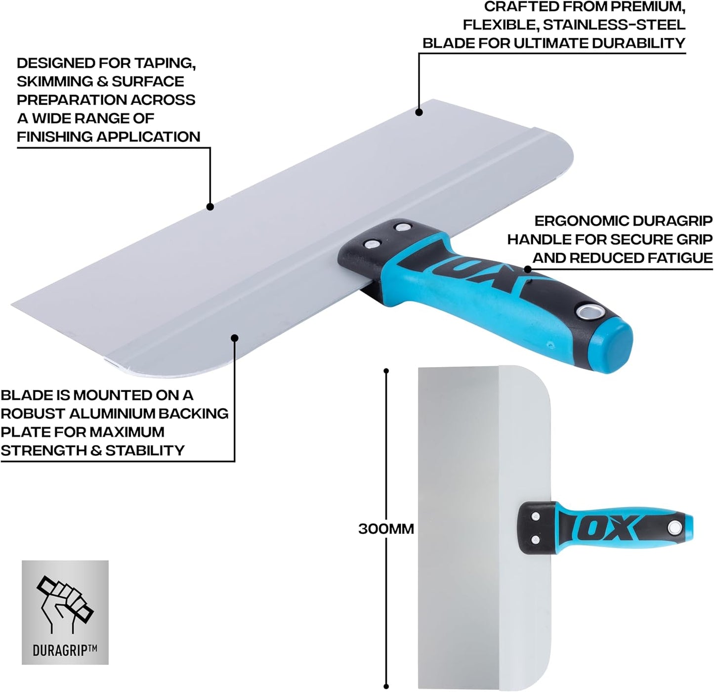 OX PRO Series Taping Knife - Stainless Steel Drywall Filling Knife with Dura Grip Soft Handle - Flexible Plastering Spatula - Spackle Tool 12 inch/300mm