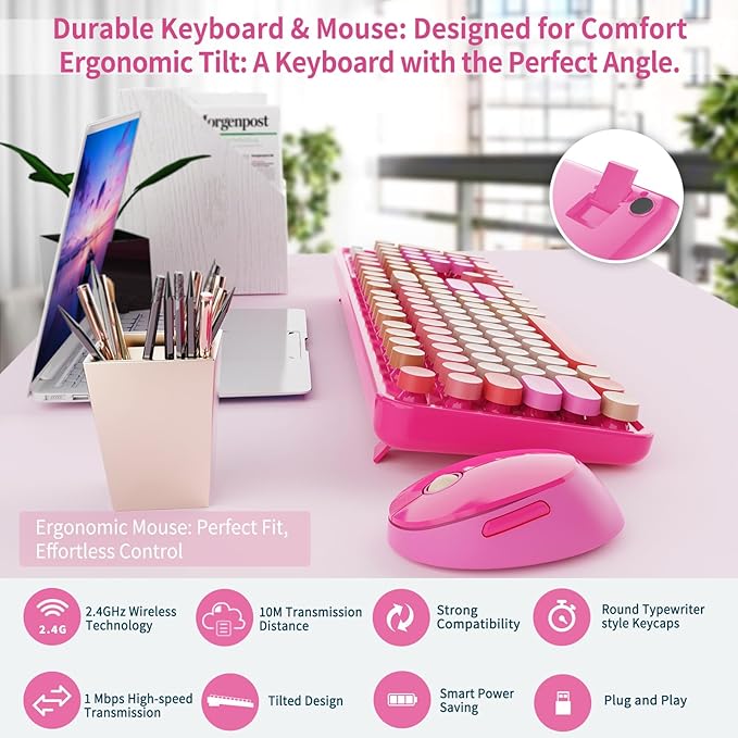 Nowlike Wireless Keyboard and Mouse Combo, Retro Typewriter Keyboard - Image 5