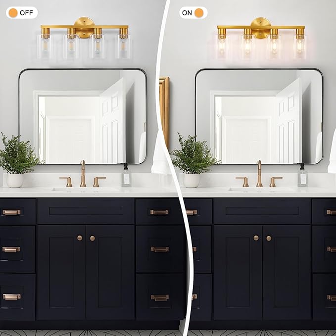 4 Light Gold Bathroom Vanity Light, Brushed Brass Bathroom Light Fixtures - Image 4