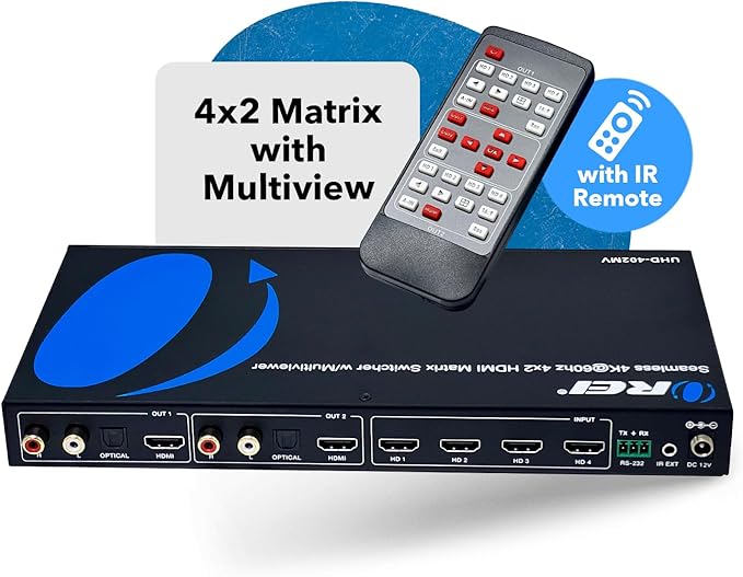 OREI 4K Multi HDMI Viewer Quad 4 in 2 Out, Matrix Switcher 4 Ports Seamless IR - Image 2