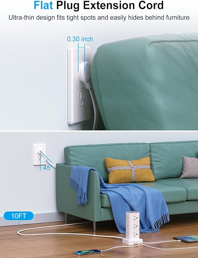 Power Strip with Wireless Charger, Flat Plug Surge Protector with 10FT - Image 3