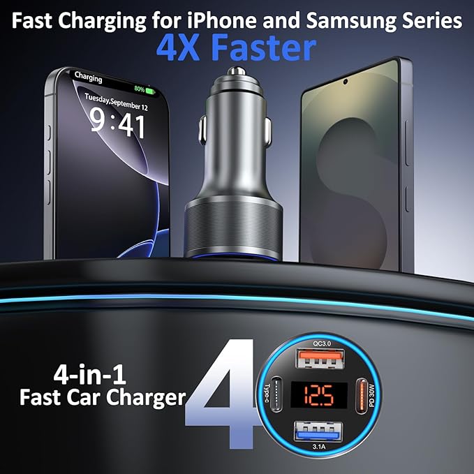 USB C Car Charger with Voltage Display, 3 Pack 65W Super Fast Charging Car - Image 2