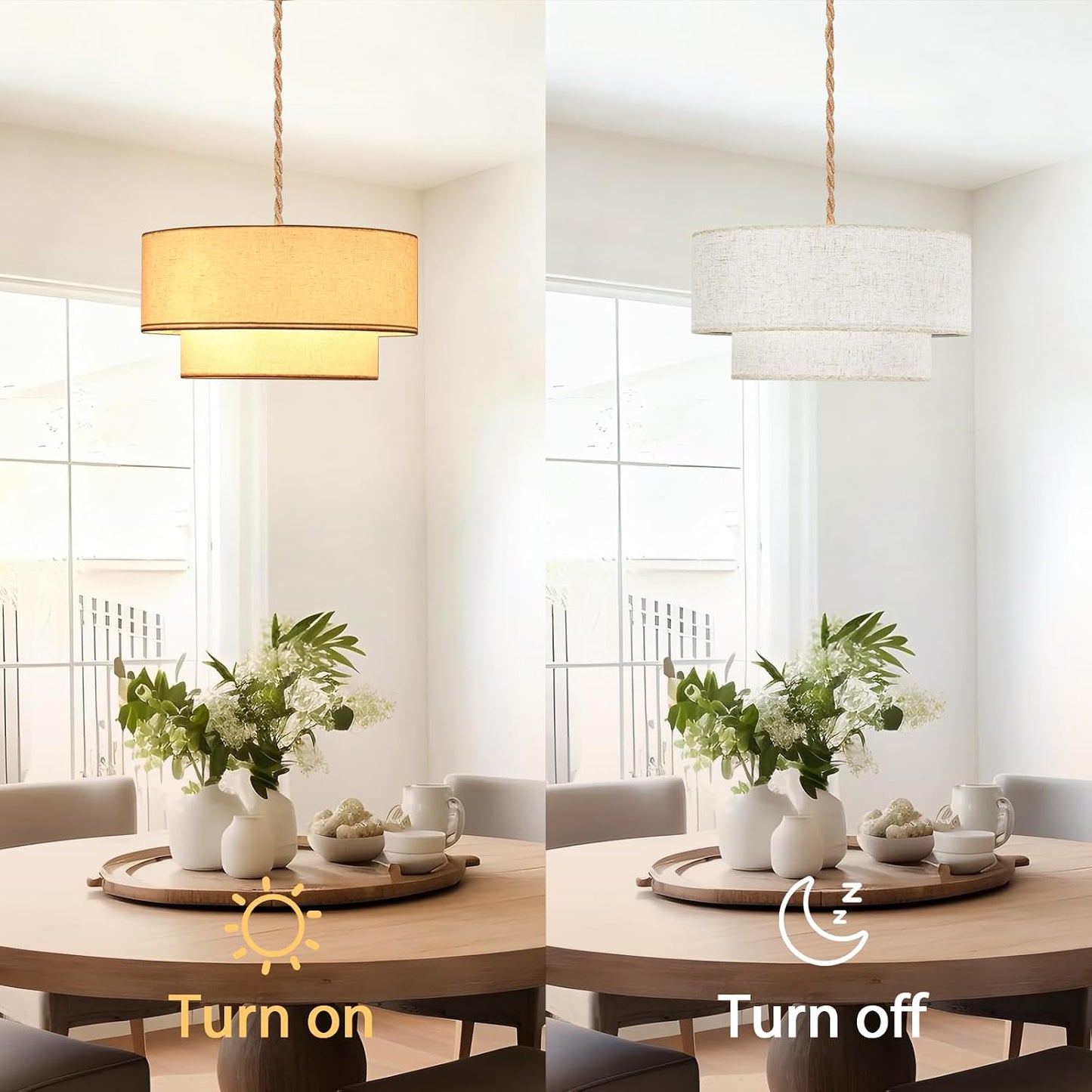 Plug in Pendant Light, 2-Tier Drum Linen Pendant Lights with 15.7FT Handmade Woven Light Cord，17.7" Plug in Chandelier for Dining Room Kitchen Island and Bedroom