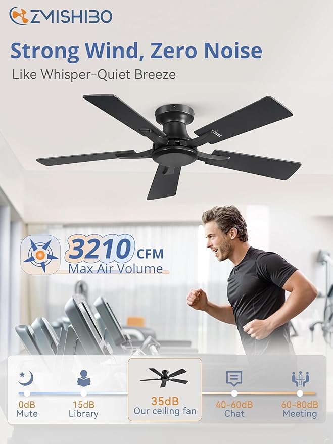 ZMISHIBO 42 Inch Ceiling Fan No Light, Flush Mount Low Profile, Modern Black - Image 3