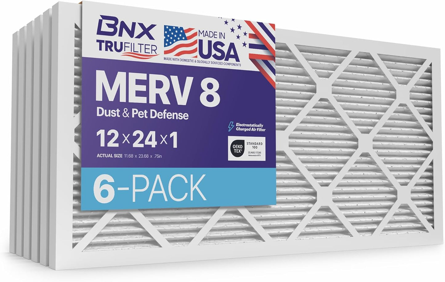 BNX TruFilter 12x24x1 Air Filter MERV 8 (6-Pack) - MADE IN USA – Dust & Pet Defense Electrostatic Pleated Air Conditioner HVAC AC Furnace Filters for Dust, Pet, Mold, Pollen MPR 600 – 700 & FPR 5