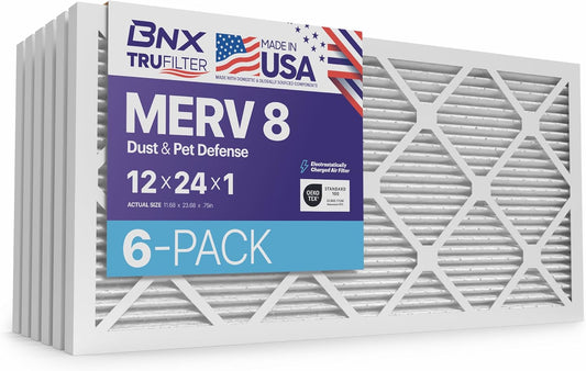 BNX TruFilter 12x24x1 Air Filter MERV 8 (6-Pack) - MADE IN USA – Dust & Pet Defense Electrostatic Pleated Air Conditioner HVAC AC Furnace Filters for Dust, Pet, Mold, Pollen MPR 600 – 700 & FPR 5