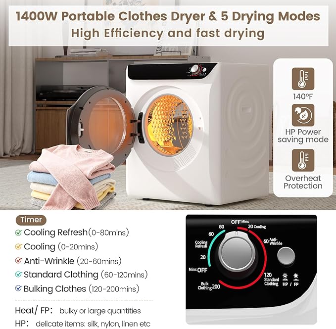 VCJ 2.6 cu.ft Portable Dryer, 1400W Electric Clothes Dryer - Image 3
