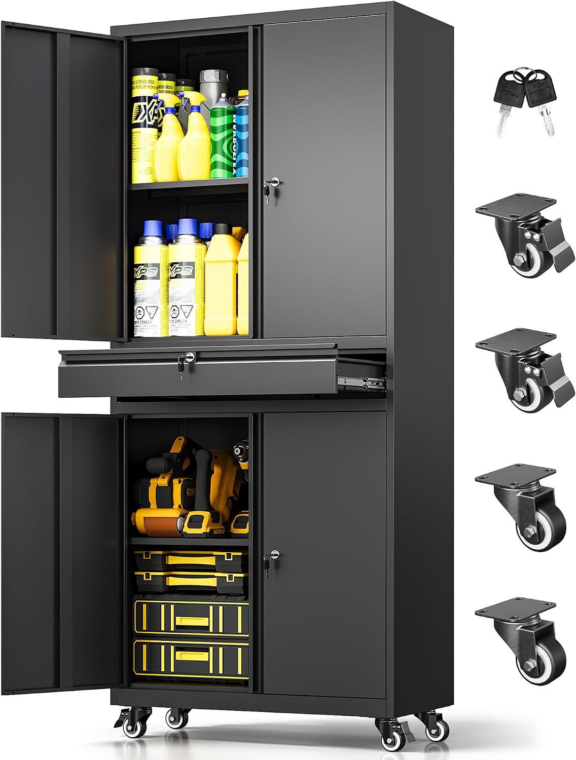 metal garage storage cabinet with wheels,lockable storage cabinet shown in use