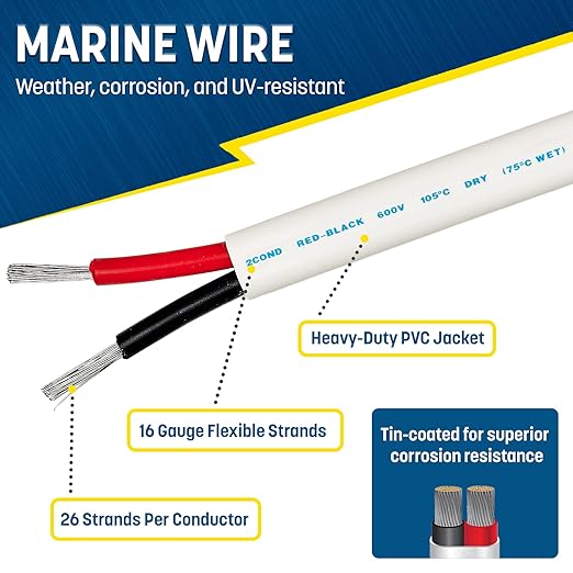 GS Power 50 Ft Duplex Marine Wire, 16 Gauge Wire, Oxygen-Free Tinned Copper 16 - Image 2