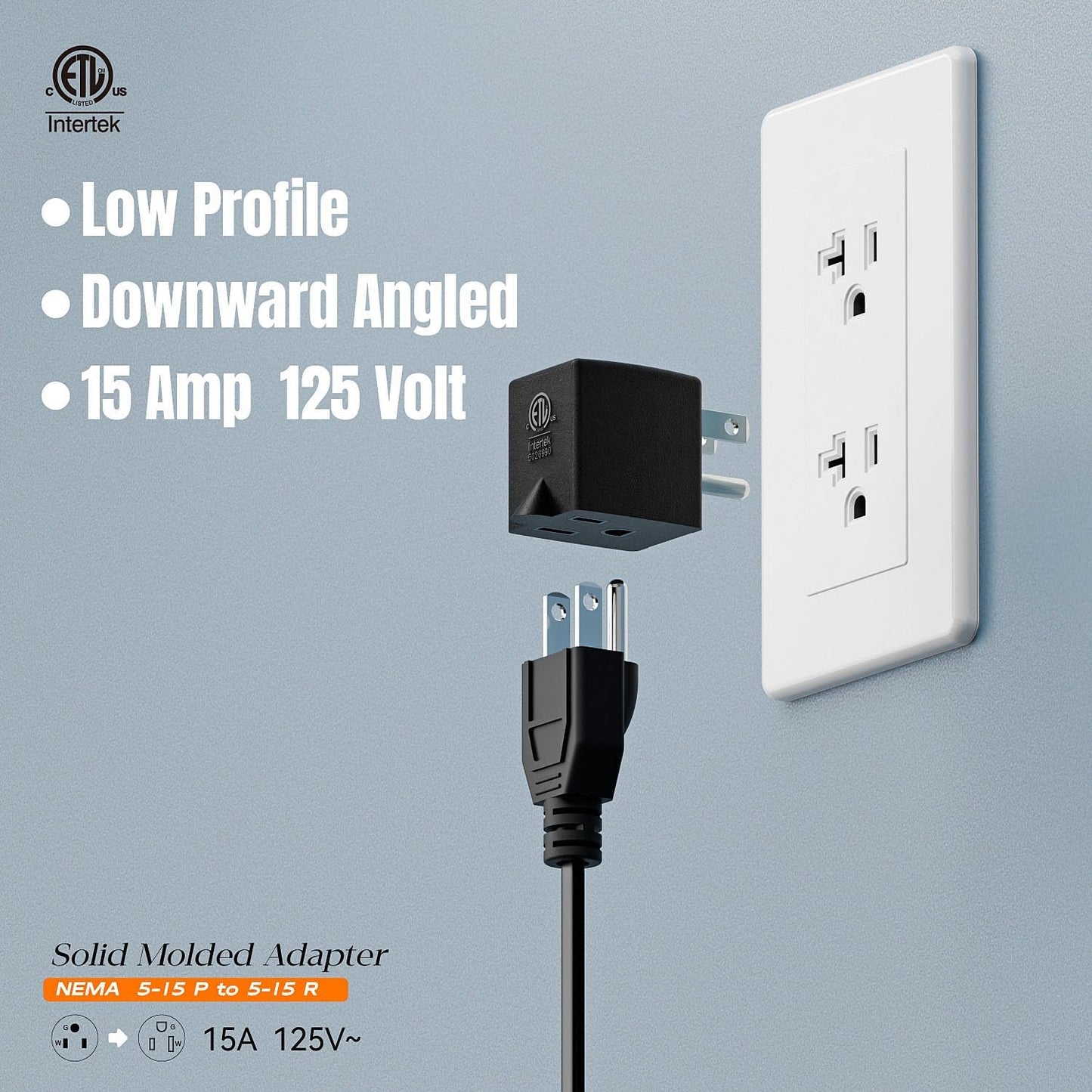 ETL Listed 90 Degree NEMA 5-15P USA 3 Prong Male-Female Adapter | 90 Degree Downward Angled USA Male to Female Power Adapter, 5-15P to 5-15R Direction Changer Space Save, Black, PA-0170D
